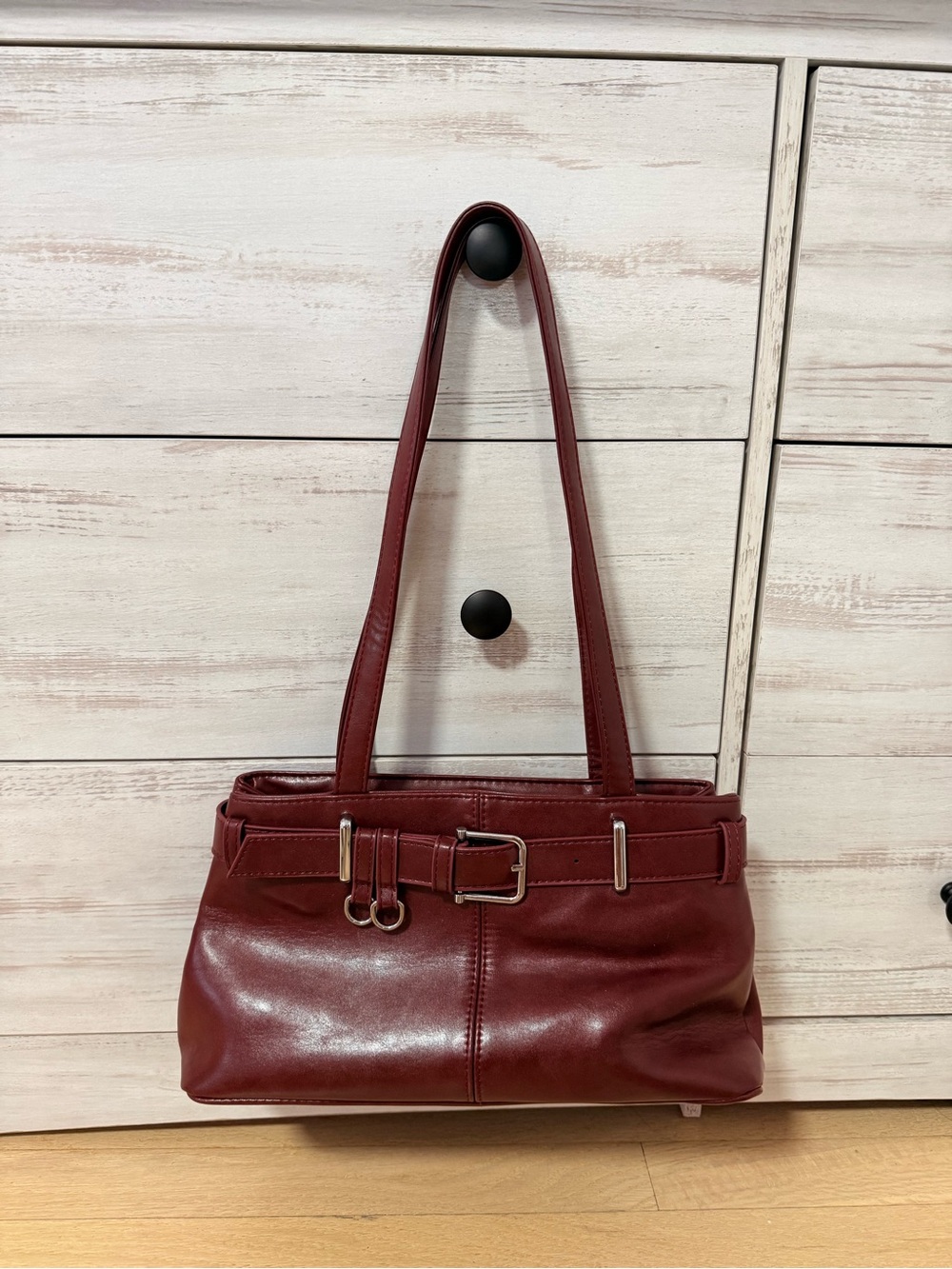 Classic Burgundy Shoulder Bag with Belt Detail